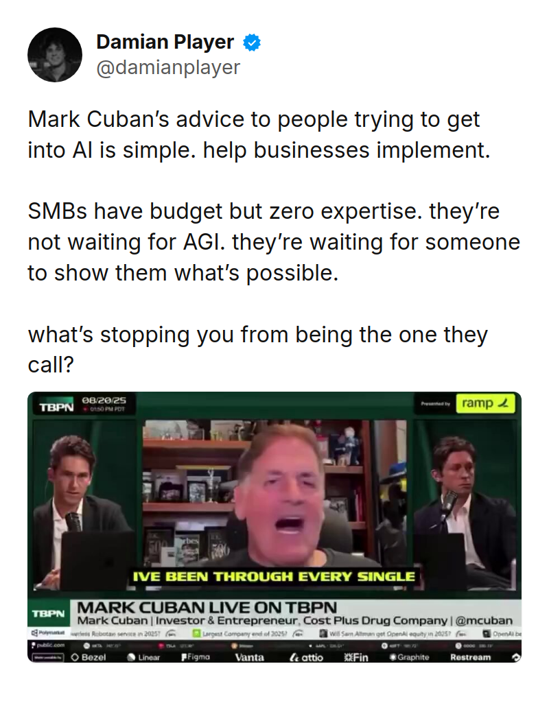 Tweet by Damian Player (@damianplayer): Mark Cuban’s advice to people trying to get into AI is simple. help businesses implement.

SMBs have budget but zero exp
