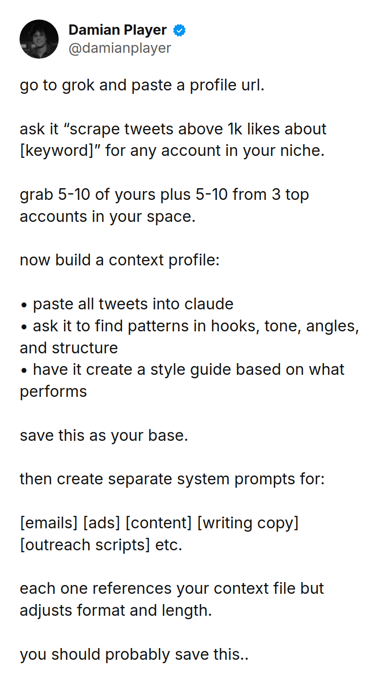 Tweet by Damian Player (@damianplayer): go to grok and paste a profile url.   

ask it “scrape tweets above 1k likes about [keyword]” for any account in your ni