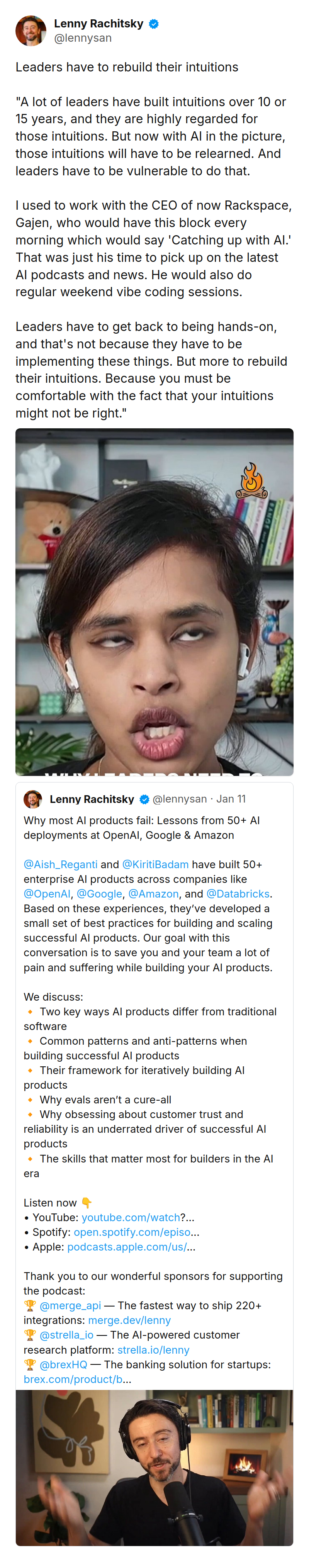 Tweet by Lenny Rachitsky (@lennysan): Leaders have to rebuild their intuitions

"A lot of leaders have built intuitions over 10 or 15 years, and they are high