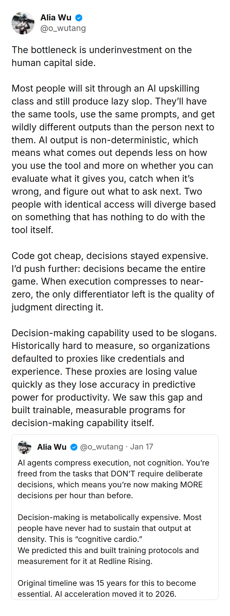 Tweet by Alia Wu (@o_wutang): @martin_casado @noufalsoghyar @lateinteraction The bottleneck is underinvestment on the human capital side.

Most people