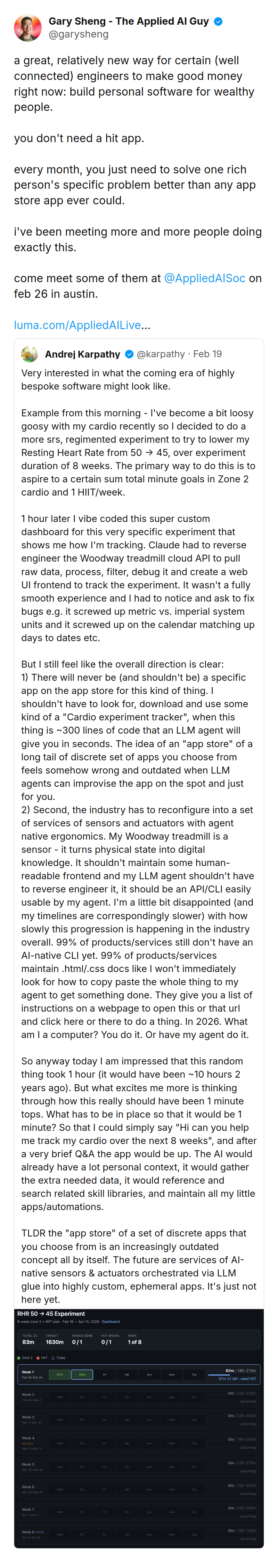 Tweet by Gary Sheng - The Applied AI Guy (@garysheng): a great, relatively new way for certain (well connected) engineers to make good money right now: build personal software