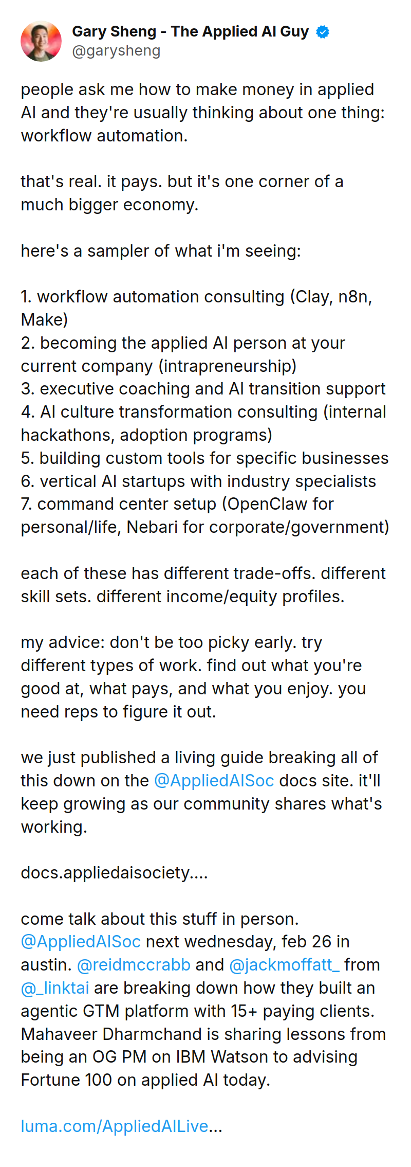 Tweet by Gary Sheng - The Applied AI Guy (@garysheng): people ask me how to make money in applied AI and they're usually thinking about one thing: workflow automation.

that's