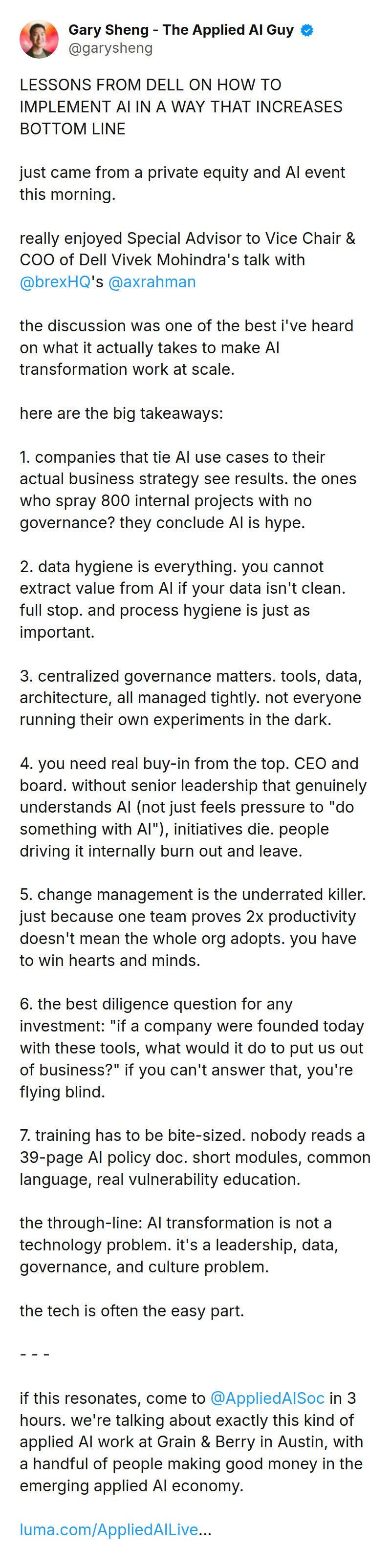 Tweet by Gary Sheng - The Applied AI Guy (@garysheng): LESSONS FROM DELL ON HOW TO IMPLEMENT AI IN A WAY THAT INCREASES BOTTOM LINE

just came from a private equity and AI eve