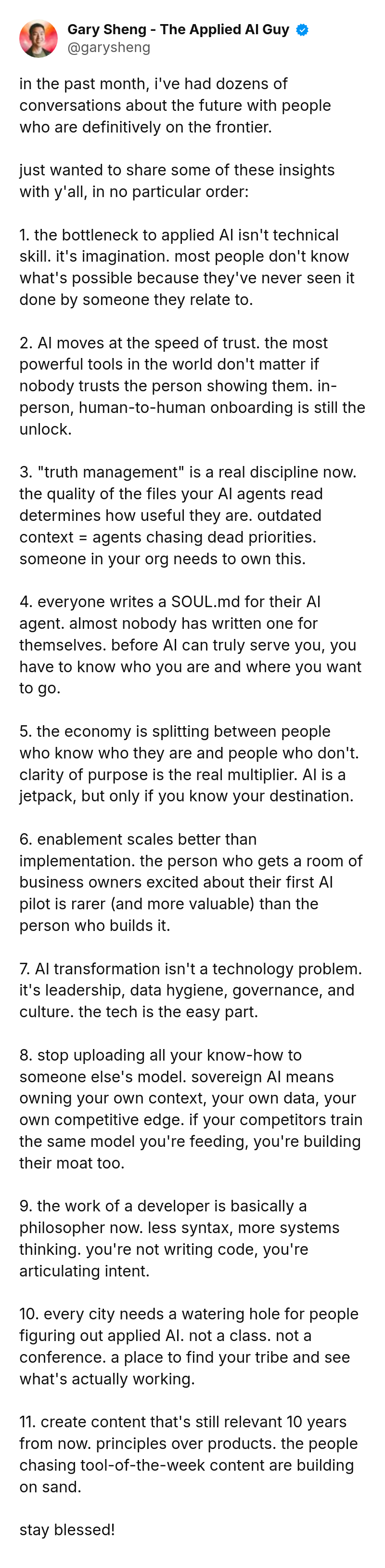Tweet by Gary Sheng - The Applied AI Guy (@garysheng): in the past month, i've had dozens of conversations about the future with people who are definitively on the frontier.

