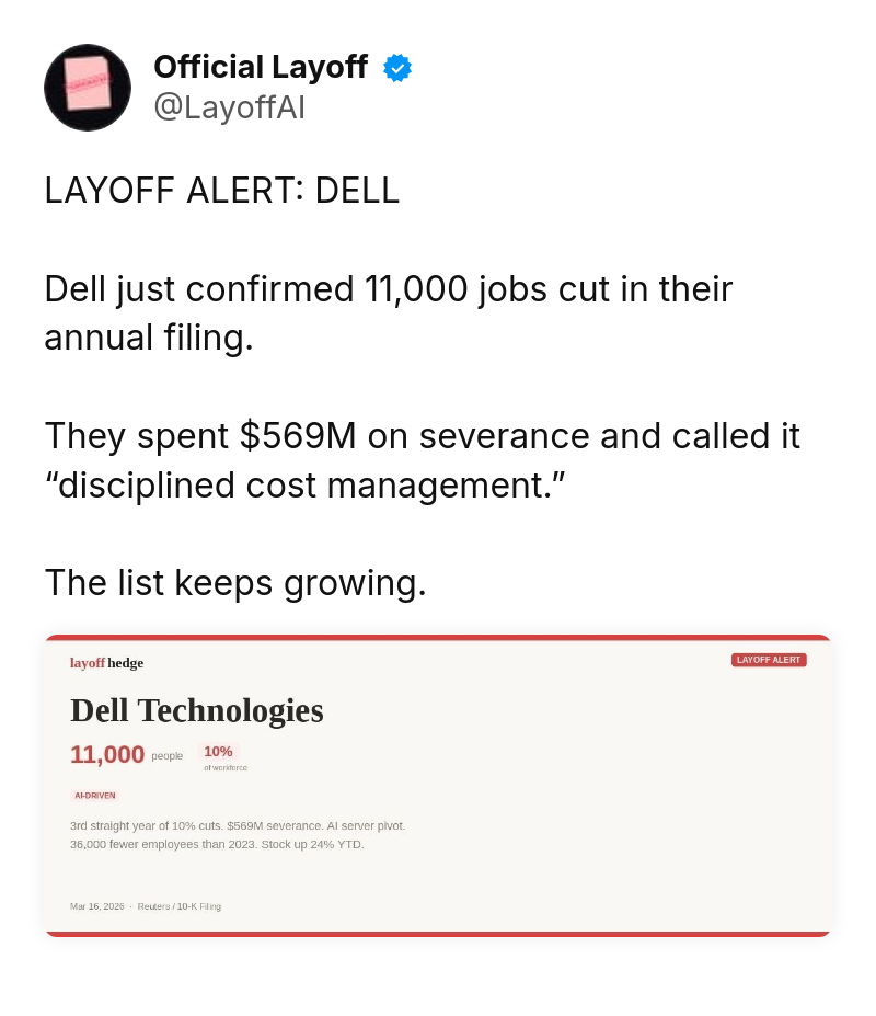 Tweet by Official Layoff (@LayoffAI): LAYOFF ALERT: DELL

Dell just confirmed 11,000 jobs cut in their annual filing. 

They spent $569M on severance and call