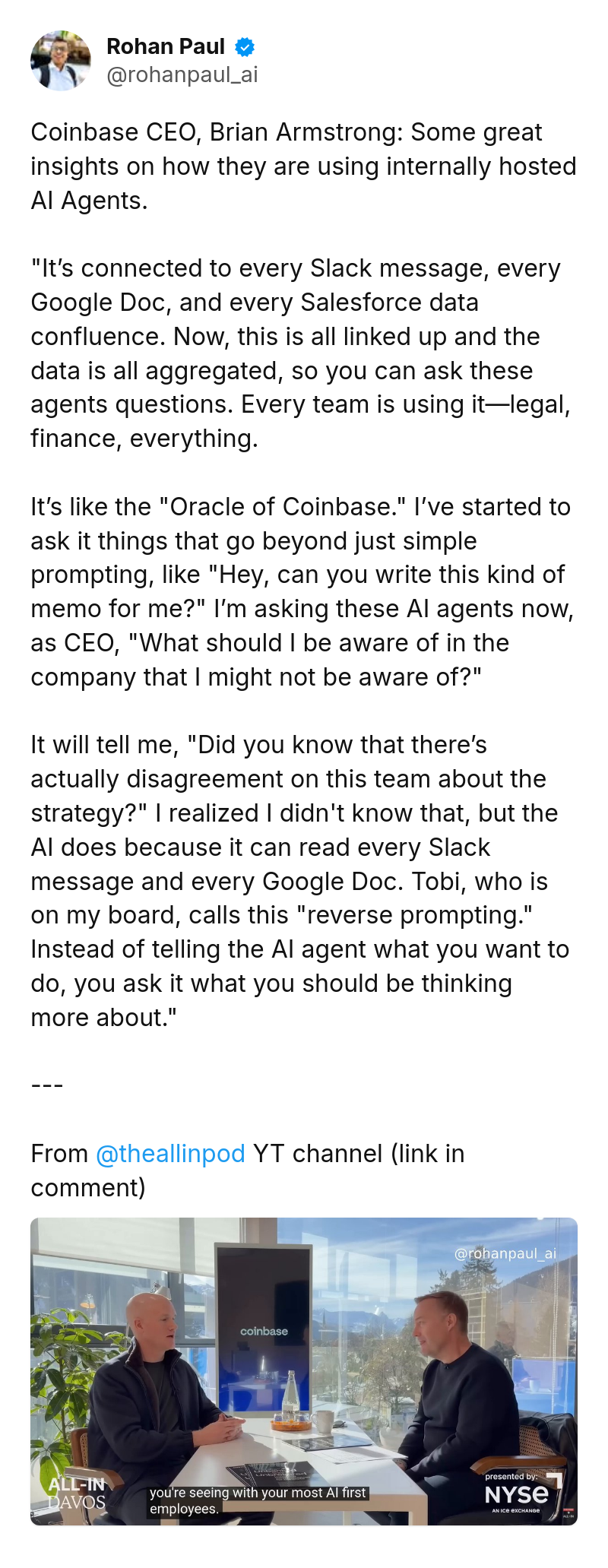 Tweet by Rohan Paul (@rohanpaul_ai): Coinbase CEO, Brian Armstrong: Some great insights on how they are using internally hosted AI Agents.

"It’s connected t