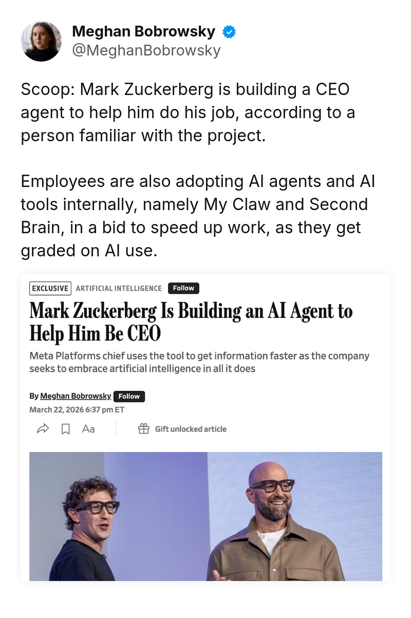 Tweet by Meghan Bobrowsky (@MeghanBobrowsky): Scoop: Mark Zuckerberg is building a CEO agent to help him do his job, according to a person familiar with the project. 