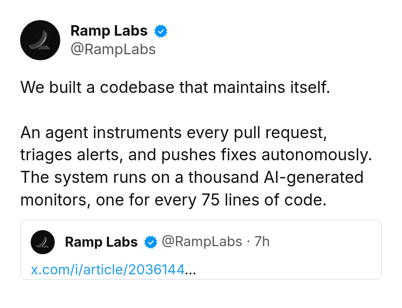Tweet by Ramp Labs (@RampLabs): We built a codebase that maintains itself.

An agent instruments every pull request, triages alerts, and pushes fixes au
