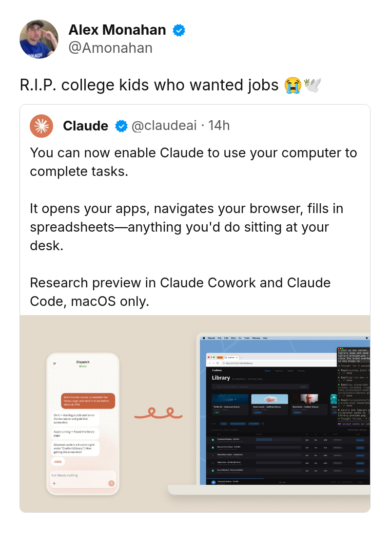 Tweet by Alex Monahan (@Amonahan): R.I.P. college kids who wanted jobs 😭🕊️