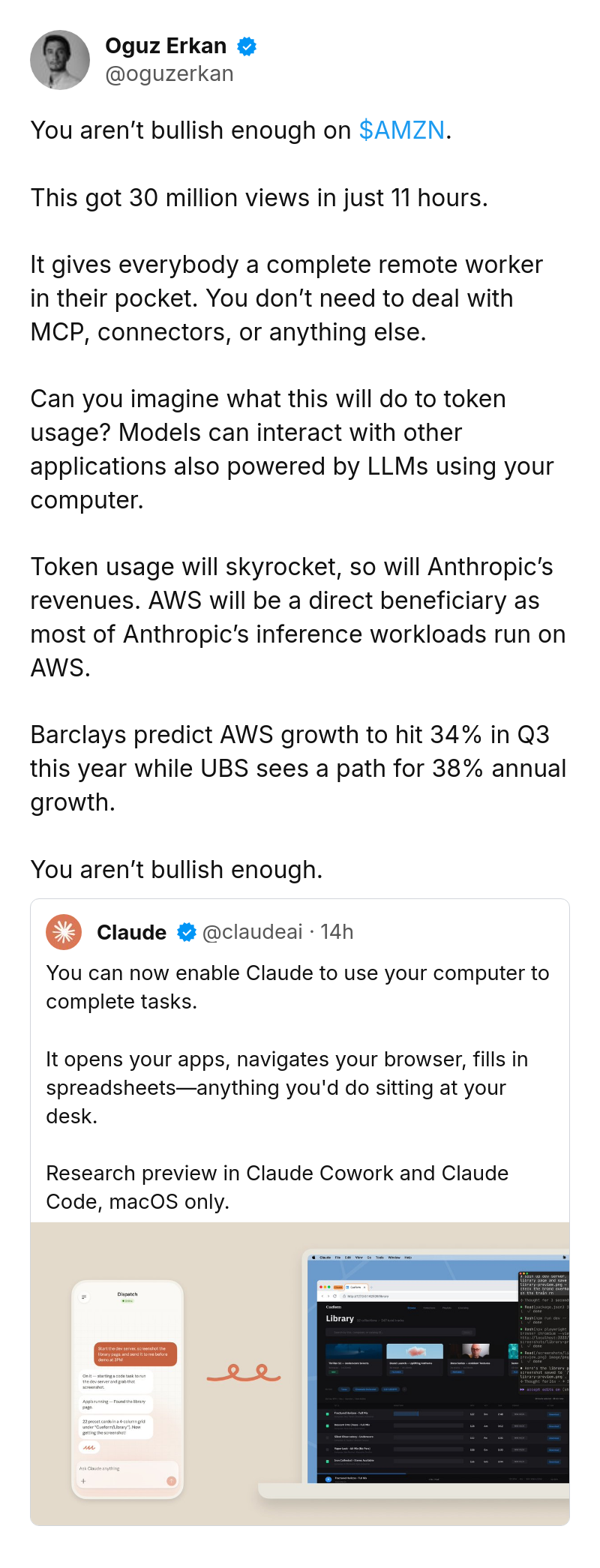 Tweet by Oguz Erkan (@oguzerkan): You aren’t bullish enough on $AMZN.

This got 30 million views in just 11 hours.

It gives everybody a complete remote w