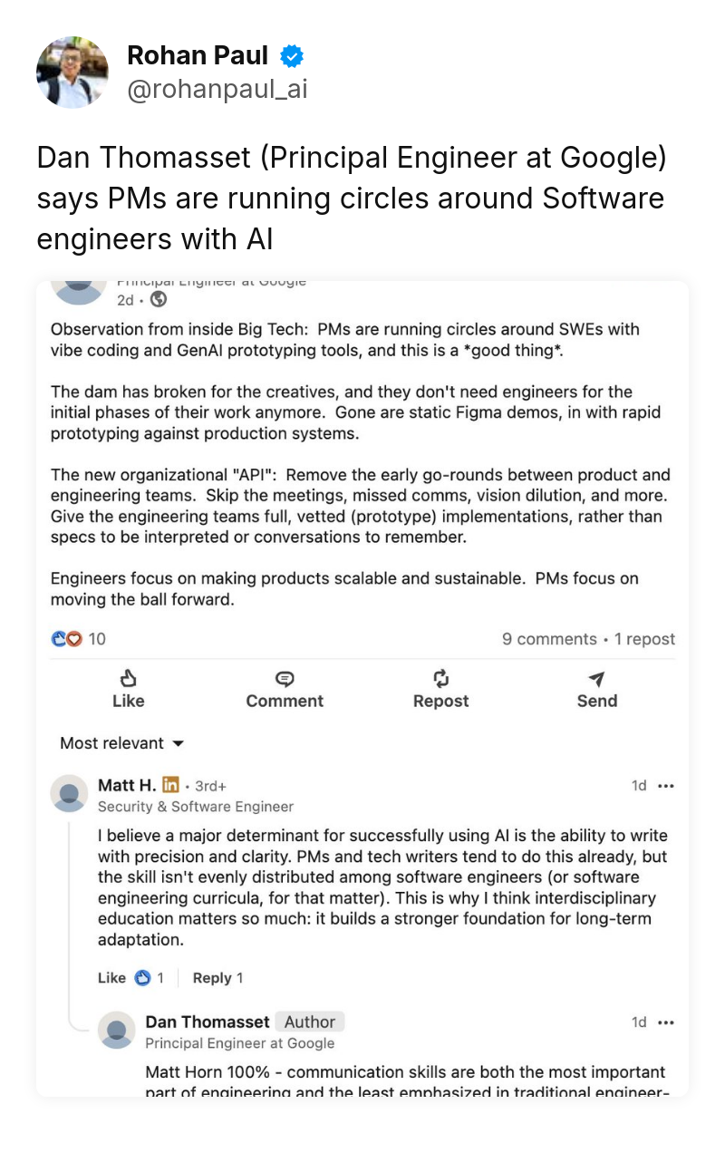 Tweet by Rohan Paul (@rohanpaul_ai): Dan Thomasset (Principal Engineer at Google) says PMs are running circles around Software engineers with AI https://t.co