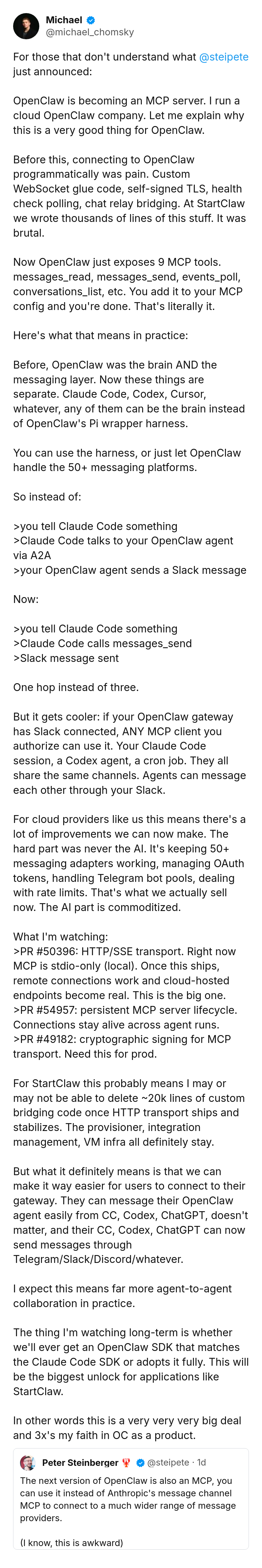 Tweet by Michael (@michael_chomsky): For those that don't understand what @steipete just announced:

OpenClaw is becoming an MCP server. I run a cloud OpenCl
