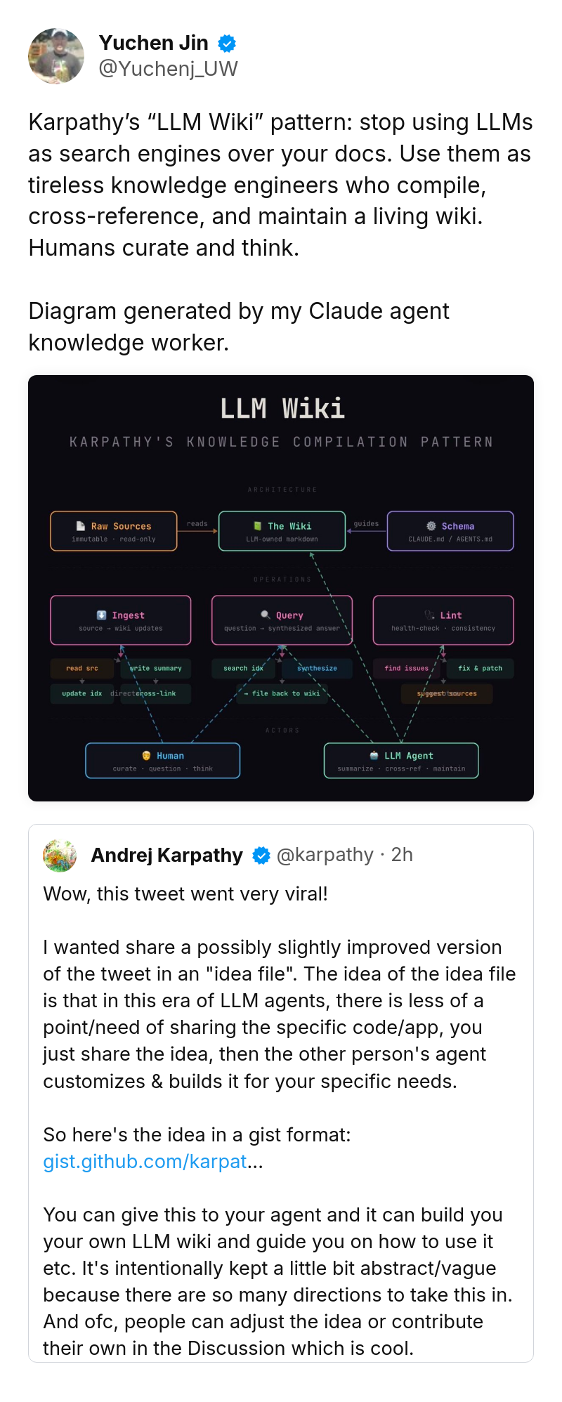 Tweet by Yuchen Jin (@Yuchenj_UW): Karpathy’s “LLM Wiki” pattern: stop using LLMs as search engines over your docs. Use them as tireless knowledge engineer